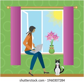 Woman sitting at home in window, working at laptop. Cat on the floor. Vector illustration.