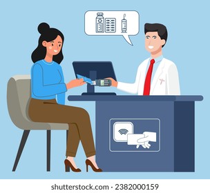 A Woman sitting in Hospital hands a Credit Card to pay by Contactless payment terminal to Doctor. Vector illustration eps10