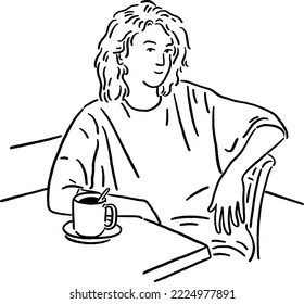 Woman sitting with Hot coffee on table People in Cafe Hand drawn line art Illustration