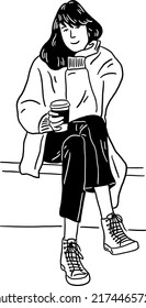 Woman sitting with hot coffee People lifestyle Hand drawn Line art Illustration