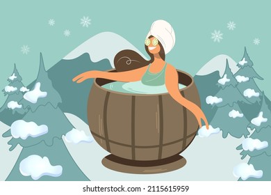 Mujer sentada en una bañera de hidromasaje. Una chica con una máscara de pepino en la cara descansa en una sauna con el telón de fondo de la naturaleza invernal. Estilo plano vectorial aislado. Una linda dama se baña en un barril. Spa doméstico.