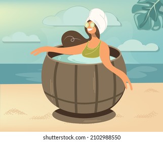 The woman is sitting in a hot tub. Happy girl with a cucumber mask on her face on the background of summer nature. The lady bathes in a wooden barrel. Summer spa treatments. Vector flat style.