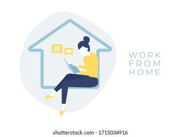 Woman sitting in a house with a notebook computer in her hand. Work from home concept.