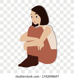 Woman sitting and hugging knees concept on transparency background. Creative idea design. Flat vector illustration for template, brochure or presentation.