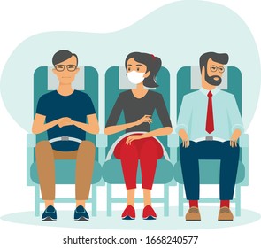 Frauen, die in Flugzeugen mit einer medizinischen Schutzmaske sitzen. Gefahr der Verbreitung von Infektionen in der Öffentlichkeit. 2019-ncov coronavirus pandemia.  COVID-19 Konzept flache Vektorillustration Illustration.