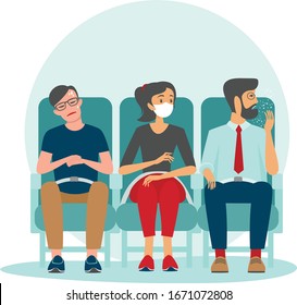 Woman sitting inside aircraft wearing protective medical mask. Danger of spreading infection in public place. 2019-ncov coronavirus pandemia.  COVID-19 concept flat vector illustration.