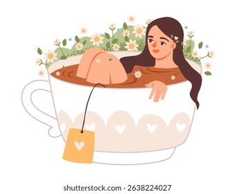 Woman sitting inside a cozy tea cup. Mindfulness, inner calm, and selfcare. A peaceful girl rests in a warm cup of coffee. Flat vector illustration.