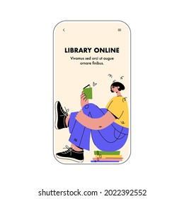 Woman sitting inside the phone and reading a book. Online library application for reading and downloading books. Distance learning and hobbies. Trendy flat and linear vector illustrations.