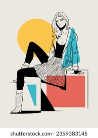 Woman Sitting in Jean Jacket on Geometric Shape, Minimalist Style Fashion Illustration