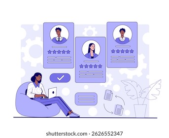 Woman sitting with laptop analyzing candidate profiles with rating stars, minimal flat style on abstract background, concept of recruitment and hiring. Vector illustration