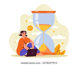 A woman sitting with a laptop beside a large hourglass, symbolizing time management, on a light background with clouds and leaves. Concept of productivity. Vector illustration