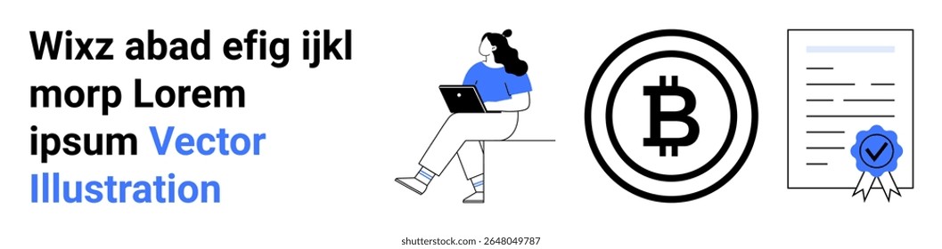 Woman sitting with laptop, Bitcoin symbol, certificate with seal, and sample text block. Ideal for cryptocurrency, digital finance, online education, blockchain technology, certifications, digital