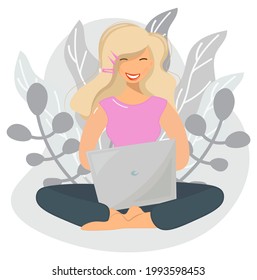 Woman sitting with laptop. Blonde girl in lotus position works on a computer, freelancer. Vector illustration for web design in cartoon flat style. Online learning concept, work from home anywhere.