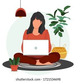 Woman sitting with laptop. Concept illustration for freelance,working, education or studying. Working at home. Daily life of freelance worker, everyday routine. Cartoon flat vector stock illustration.