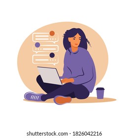 Woman sitting with laptop. Concept illustration for working, studying, education, work from home, healthy lifestyle. Can use for backgrounds, infographics, hero images. Flat. Vector illustration.