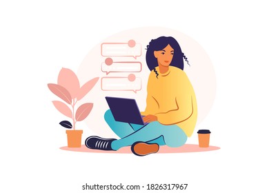 Woman sitting with laptop. Concept illustration for working, studying, education, work from home, healthy lifestyle. Can use for backgrounds, infographics, hero images. Flat. Vector illustration.