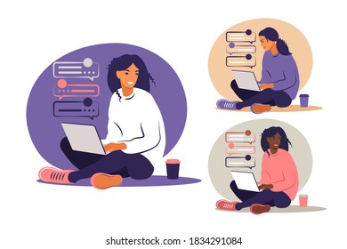 Woman sitting with laptop. Concept illustration for working, studying, education, work from home, healthy lifestyle. Can use for backgrounds, infographics, hero images. Flat. Vector illustration. Set.