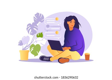 Woman sitting with laptop. Concept illustration for working, studying, education, work from home, healthy lifestyle. Can use for backgrounds, infographics, hero images. Flat. Vector illustration.