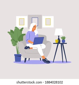 Woman sitting with laptop. Concept illustration for working, studying, education, work from home, healthy lifestyle. Can use for backgrounds, infographics, hero images. Flat. Vector illustration.