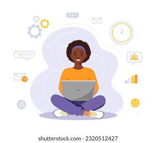 Woman is sitting with laptop. Concept illustration for working, freelancing, studying, education, work at home. Vector illustration in flat cartoon style