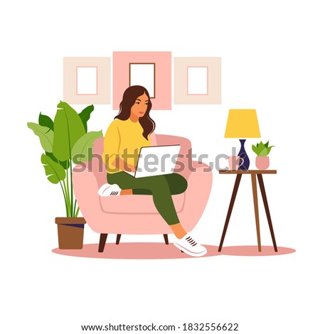 Woman sitting with laptop. Concept illustration for working, studying, education, work from home, healthy lifestyle. Can use for backgrounds, infographics, hero images. Flat. Vector illustration.