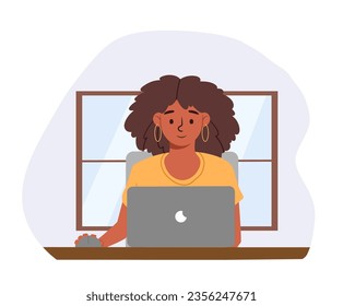 Woman sitting with laptop concept. Young girl with portable computer at workplace. Employee at home or office. Freelancer and distance worker. Cartoon flat vector illustration