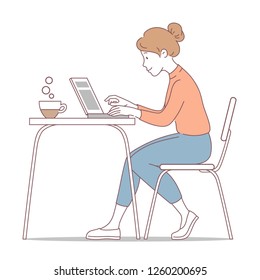 Woman is sitting with laptop and cup of tea or coffee. Vector illustration.