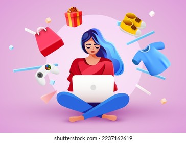 Woman sitting with laptop and fashion items. Online shopping concept. Vector illustration