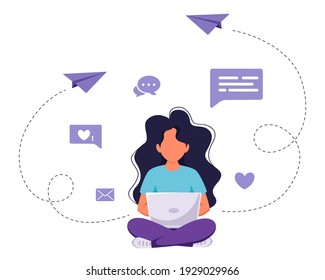 Woman sitting with laptop. Freelance, online studying, remote work concept. Vector illustration