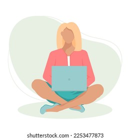 Woman sitting with laptop. Freelance, online studying, work from home concept. Vector illustration in flat style.