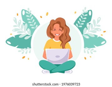 Woman sitting with laptop. Freelance, remote working, home office concept. Vector illustration