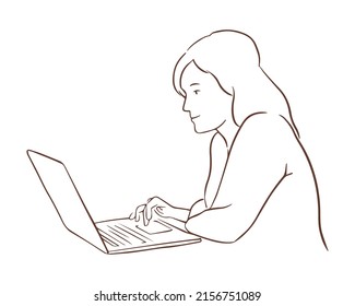 A woman is sitting at a laptop. The girl is surfing the Internet or working at a computer. Vector hand drawn sketch illustration.