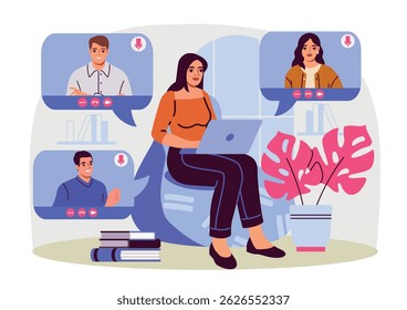 Woman sitting with laptop having virtual meeting with three people on screen windows, flat style, indoors with houseplant and books, concept of remote work. Vector illustration