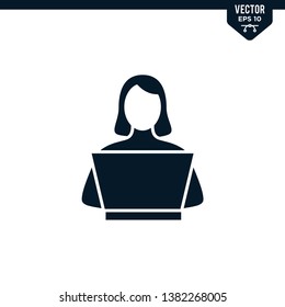 Woman sitting laptop icon collection in glyph style, solid color vector