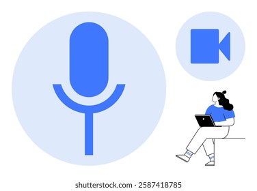 Woman sitting with laptop, large blue microphone and video camera icons. Ideal for virtual meetings, podcasts, webinars, online education, remote work, video conferencing, digital communication. Line