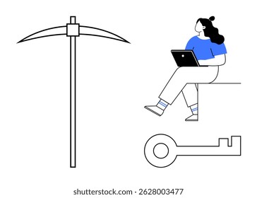 Woman sitting with laptop, large pickaxe, and key symbolizing digital mining and security. Ideal for technology, cybersecurity, data mining, blockchain, online security, digital workspaces