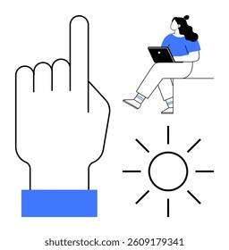 Woman sitting with laptop, large pointing hand gesture, and sun icon. Ideal for digital learning, remote work, tech tutorials, productivity, outdoor activities, guidance, positivity. Line metaphor