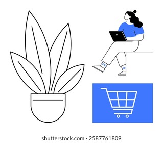 Woman sitting with laptop, large potted plant, blue shopping cart icon. Ideal for remote work, e-commerce, online shopping, home office, freelancers, digital marketing, online learning themes. Line