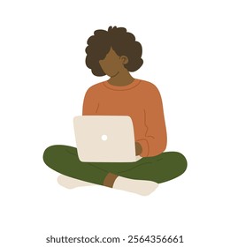 Woman sitting with laptop in lotus position. Freelancer working from home. Remote work or study. Vector illustration isolated on transparent background.