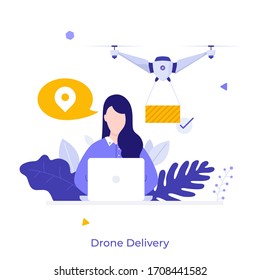 Woman sitting at laptop, making online order and flying quadcopter delivering package. Concept of drone delivery service, innovative technology in parcel shipment. Modern flat vector illustration.