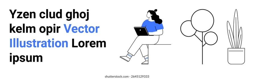 Woman sitting with laptop, minimalist tree and potted plant. Ideal for tech themes, modern designs, work-from-home, freelancing, blogs, education, online presence. Landing page