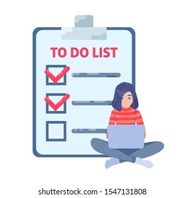 Woman sitting with laptop near big paper clipboard with check marks, to do list. Successful time management, planning. Female character with checklist, task planner. Illustration in cartoon flat style