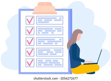 Woman sitting with laptop near big paper clipboard with check marks, to do list. Successful time management, schedule planning. Female character with checklist, task planner program on computer
