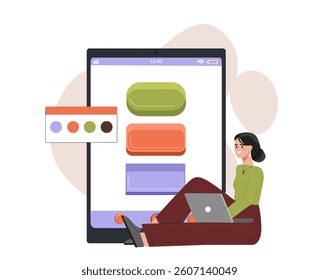 Woman sitting with laptop near large tablet designing colorful user interface buttons, flat graphic style, white background. Concept of UI UX development. Vector illustration