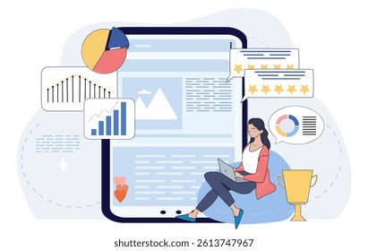 Woman sitting with laptop near large tablet screen surrounded by graphs, pie charts, rating stars, trophy on abstract background. Concept of analytics and performance. Flat cartoon vector illustration