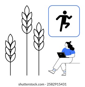 Woman sitting with laptop near wheat stalks and running icon. Ideal for agriculture, technology, work-life balance, healthy living, sustainability, productivity, mobility themes. Line metaphor