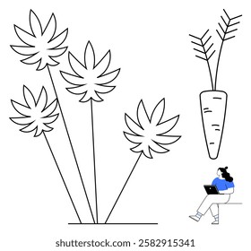 Woman sitting with laptop next to large plants and a carrot. Ideal for productivity, remote work, nature themes, minimalism, agriculture, calm workspace, and health. Line metaphor