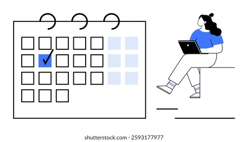 Woman sitting with a laptop next to a large calendar with a marked date. Ideal for time management, productivity, planning, scheduling, event organization, remote work, educational purposes. Line