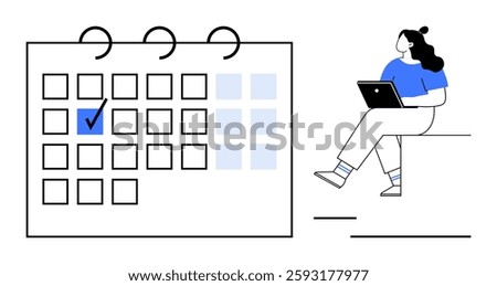 Woman sitting with a laptop next to a large calendar with a marked date. Ideal for time management, productivity, planning, scheduling, event organization, remote work, educational purposes. Line