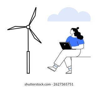 Woman sitting with laptop next to wind turbine, blue clouds. Ideal for environmental topics, renewable energy, remote work, technology, sustainability, clean energy, education. Line metaphor